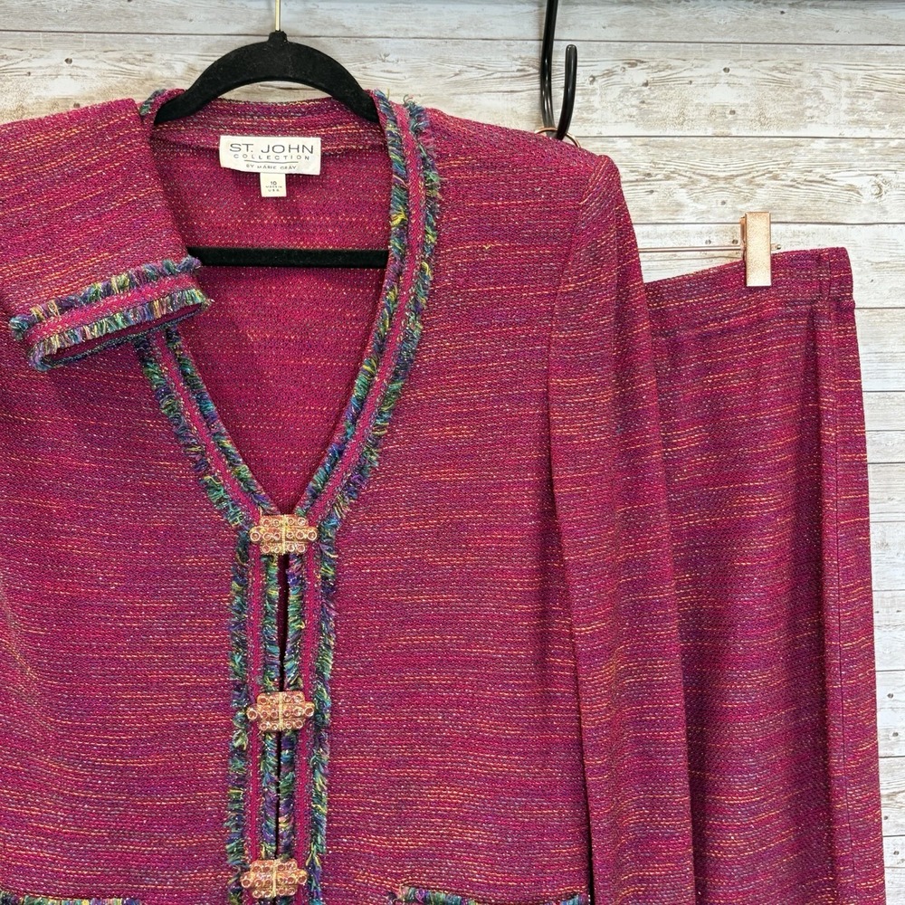 ST. JOHN Womens Suit 10 Jacket 12 Skirt Fuchsia Pink Metallic Shimmer Gold Clasp - Picture 10 of 16